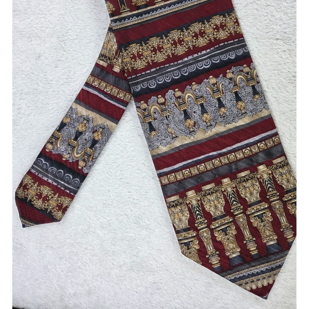 Tesoro Rosso Uomo Moda 100% Silk Italy Baroque Scroll Tie Burgundy Gold
